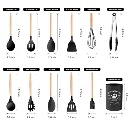 Kitchen Utensils Set Silicone Kitchen Utensils Set with Wooden Handle Utensils for Cooking Heat Resistant Silicone Non-Stick Cookware BPA FREE (Black) - color: Black