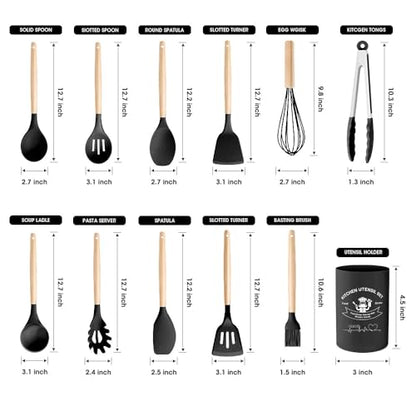 Kitchen Utensils Set Silicone Kitchen Utensils Set with Wooden Handle Utensils for Cooking Heat Resistant Silicone Non-Stick Cookware BPA FREE (Black) - color: Black