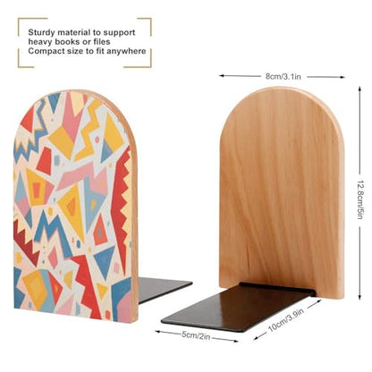 Personalized Wood Book Ends Metal Base Geometric Pattern Design Printing Bookend Modern Heavy Duty Bookends for Home Or Office 1 Pair - color: Geometric Pattern Design