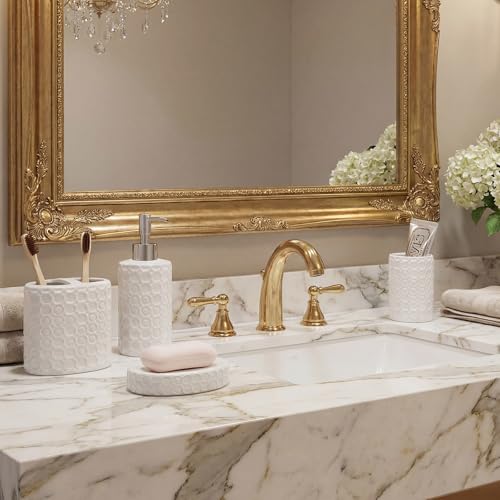 White Ceramic Bathroom Accessories Set, 4 Piece, Honeycomb Design with Soap Dispenser Pump, Tumbler, Toothbrush Holder, Soap Dish - color: White 005