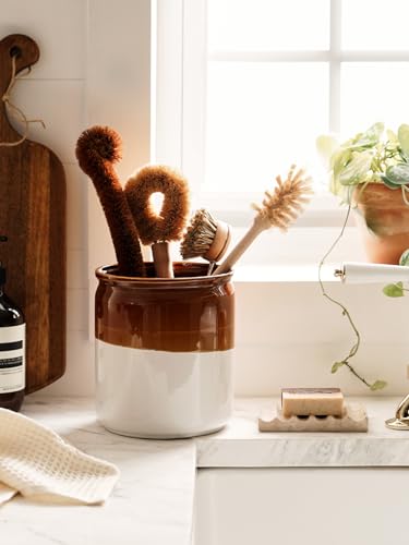 LE TAUCI Kitchen Utensil Holder for Countertop, Ceramic Utensil Crock Set of 2, Rustic Brown Holder for Spatulas, Spoons and Ladles, Large Farmhouse Kitchen Counter Decor, Brown and White, 7.2" & 5.4"