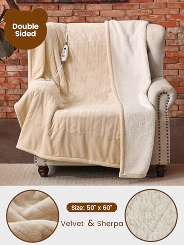 Bearhug Electric Blanket Throw Size, 50" x 60" Heated Blanket with 6 Heating Levels & 4H Auto Shut-Off, Machine Washable Soft Velvet to Sherpa Reversible Heated Throw for Office, Couch and Sofa Beige - color: Beige, size: Throw 50" × 60"