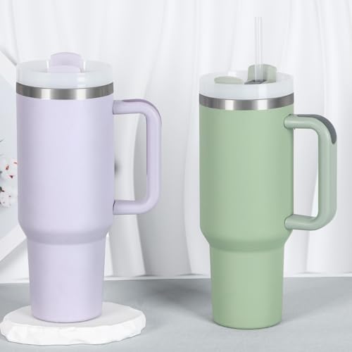 4 Pack 40 Oz Tumbler with Handle Bulk, Double Wall Vacuum Insulated Stainless Steel Tumbler with Lid and Straw, 40 oz cup with Silicone Spill Proof Stopper Set (Cream,Purple,Dark Green,Rose Quartz) - color: Cream,Purple,Dark Green,Rose Quartz
