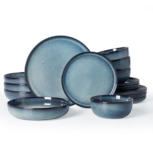 Famiware Milkyway 16-Piece Stoneware Plates and Bowls, Dusty Blue | Dinnerware Set with Pasta Bowls for 4, Handmade Reactive Glaze Dish Set, Microwave/Dishwasher Safe, Chip/Scratch Resistant - color: Dusty Blue, size: Service for 4 (Include Pasta Bowls)