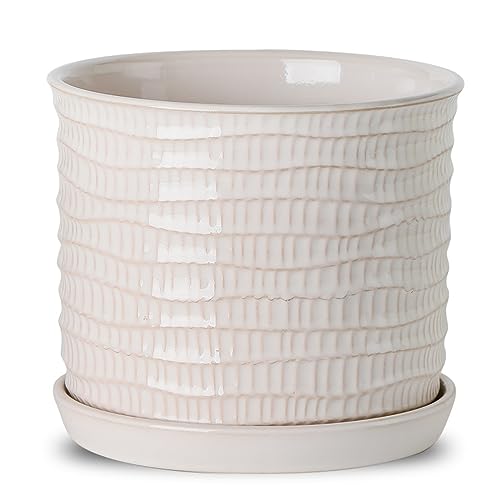 8 Inch Ceramic Planter with Drainage Hole & Bonded Saucer | Indoor/Outdoor Plant Pot with Tray - Flowerpot for Home/Office - Wave Embossed - color: Wave Embossed, size: 8 inch