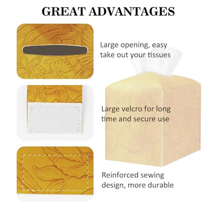 Square Tissue Cube Cover PU Leather Tissue Organizer with Bottom Belt for Bathroom, Tabletop, Kitchen, Night Stands, Office, Home, Car (RetroYellow) - color: Retroyellow