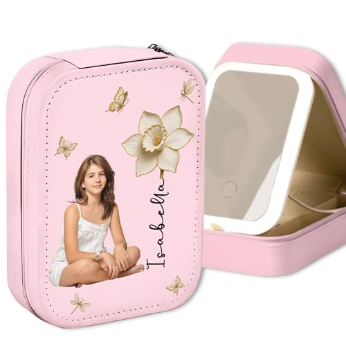 Women & Girls Floral Makeup Box With LED Mirror - Custom Photo Jewelry Organizer Gift for Daughters Sisters on Birthday Christmas Personalized Birthmonth Flower - color: Floral Soul, size: Custom Photo