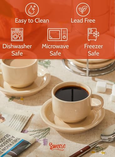 Sweese Porcelain Espresso Cups Set, 2.5 oz, Stackable with Saucers Metal Stand, Beige, 4 Pack - color: Beige, size: 2.5 Ounces