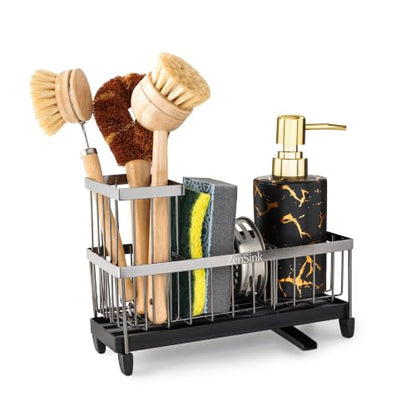 ZenSink Sponge Holder for Kitchen Sink, Kitchen Sink Caddy Organizer with Drain Tray, High Brush Holder, Rustproof 304 Stainless Steel Kitchen Counter Organizer