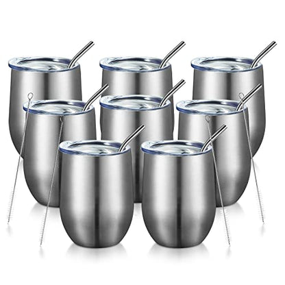 COMOOO 12oz Insulated Wine tumbler with Lid, Stainless Steel Stemless Wine Tumbler Glass,Double Wall Vacuum Wine Tumbler Cups with Straw Coffee, Cocktails,Beer,Champaign Silver, 8 Pack - color: Silver