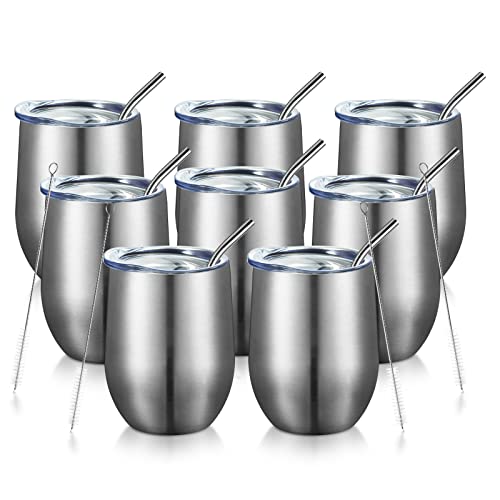 COMOOO 12oz Insulated Wine tumbler with Lid, Stainless Steel Stemless Wine Tumbler Glass,Double Wall Vacuum Wine Tumbler Cups with Straw Coffee, Cocktails,Beer,Champaign Silver, 8 Pack - color: Silver