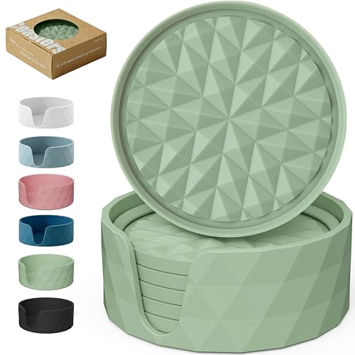 Silicone Drink Coasters Set of 6, Desk Cup Coaster | Prevents Condensation&Spills, Non-Slip, Reusable&Easy Clean, Diamond Pattern, Stylish Office&Home Decor, Gift, Sage Green - color: Sage Green, size: 6×3.9inches