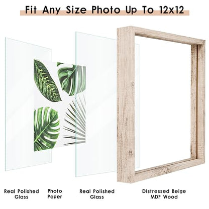 MUYE 12x12 Floating Frame Distressed Beige White Wood Pattern,Double Glass Square Picture Frame Set of 2 Display Any Size Photo up to 12x12,Wall Mount or Tabletop - color: Beige, size: 12x12