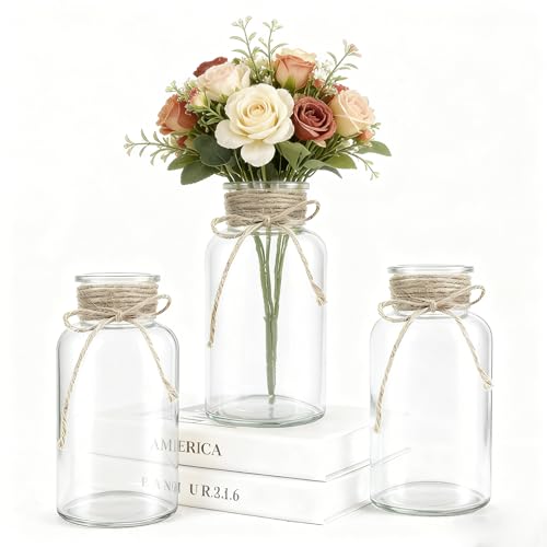 3 Pack Mason Jar Vases for Centerpieces, Clear Glass Flower Vase | Vintage Farmhouse Rustic Decorative Jars for Wedding Party Baby Shower Table Decor, Wide Mouth Mason Jars with Twine Bulk - color: Transparent