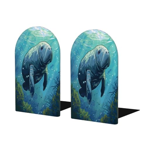 Blue Ocean Animal Manatee 2Pcs Book Ends for Shelves Non-Skid Wood Bookends Decorative Back to School Books Holders Book Stoppers Bookshelf Accessories for Desk Home Office School Decor (1 Pair) - color: Blue Ocean Animal Manatee