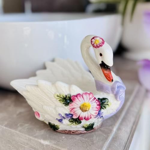 Ceramic Swans and Flowers Bathroom Accessories Set, 4 Piece Bathroom Ensemble Set with Toothbrush Holder, Toothbrush Cup, Soap Dispenser, Soap Dish