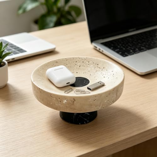 Natural Travertine Marble Pedestal Tray 6.7" x 6.7" x 3.9", Minimalist Catchall Vanity Tray for Perfume Jewelry Entryway Bathroom Decor Stone Footed Bowl - size: 6.69*3.94in