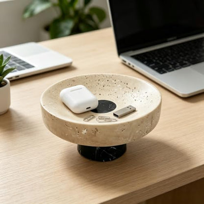 Natural Travertine Marble Pedestal Tray 6.7" x 6.7" x 3.9", Minimalist Catchall Vanity Tray for Perfume Jewelry Entryway Bathroom Decor Stone Footed Bowl - size: 6.69*3.94in