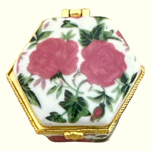 Tiny Hexagon Porcelain Trinket Box | Pink Tea Roses | French Style Gift Box with Velvet Bag - style: Pink Tea Roses Hexagon