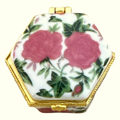 Tiny Hexagon Porcelain Trinket Box | Pink Tea Roses | French Style Gift Box with Velvet Bag - style: Pink Tea Roses Hexagon