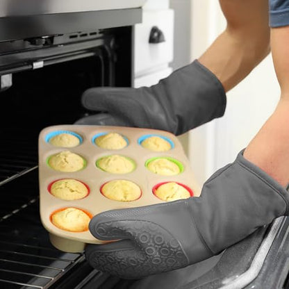 BPA-Free Soft Silicone Oven Mitts - Ultra Heat Resistant Oven Mitts with Thick Cotton Liner - Long Slip Resistant Pot Holders, Flexible Oven Gloves - Gray 13.7" - color: Gray, size: 2-Piece 13.7" Oven Mitts