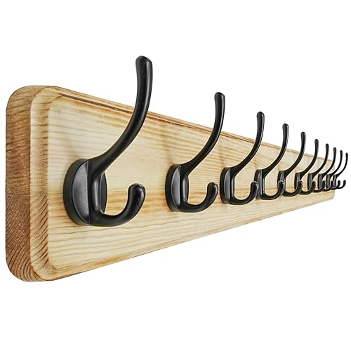 Coat Rack Wall: 38-1/4" Long, Patented, Heavy-Duty, 10-Double-Hooks Wooden Wall Mounted Coat Rack Coat Hanger Hook Rail for Winter Coats Hat Jacket Clothing, Light Brown - color: Light Brown & Black, size: L=38.3"(1pcs)