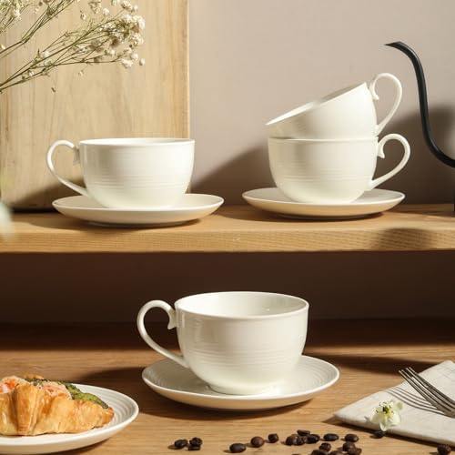 10OZ Porcelain Cappuccino Cups with Saucers, Ceramic Espresso Cups Set, White Coffee Cup and Saucer, White Tea Cup Set, Dishwasher & Microwave Safe, Gift for Anniversary or Housewarming (4PCS) ﻿
