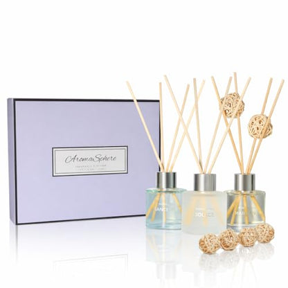Reed Diffuser Set of 3 | Aromatherapy Fragrance Oil | 12 Sticks and 6 Rattan Balls, 3 x 50ML | Home, Office, Bathroom, Bedroom Essentials (Sea Salt, Freesia, Black Cedar & Juniper, Purple Edition)