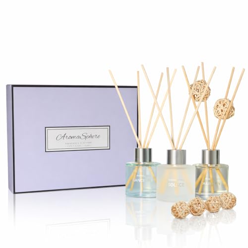 Reed Diffuser Set of 3 | Aromatherapy Fragrance Oil | 12 Sticks and 6 Rattan Balls, 3 x 50ML | Home, Office, Bathroom, Bedroom Essentials (Sea Salt, Freesia, Black Cedar & Juniper, Purple Edition)