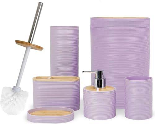CERBIOR Bamboo Bathroom Accessories Set 6 Piece Spiral Bath Ensemble,Purple | Includes Soap Dispenser, Toothbrush Holder, Toothbrush Cup, Soap Dish for Decorative Countertop and Housewarming Gift - style: Purple
