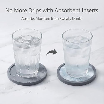 Absorbent Coasters for Drinks with Holder - 6packs, Silicone Coaster with Soft Felt Insert (4.3 inch Coasters with 4.5 inch Holder, Marble Style) - color: Marble Style