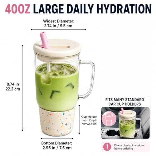 40oz Glass Tumbler with Flip Straw Lid, Handle, Silicone Sleeve, Beige | Leakproof Lid, Fits Car Cup Holder Glass for Iced Coffee, Water, Cold Drinks, Travel, Outdoor, Partys&Home - color: White