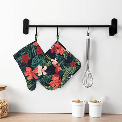 Tropic Hawaiian Hibiscus Flower Oven Mitts Pot Holders Set Silicone Heat Resistant Green Leaves Red Floral Oven Mitts and Hot Pads Potholders Non-Slip Oven Gloves for Cooking Baking Grilling - color: Red Green