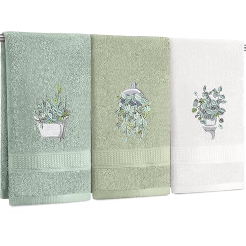3 Pcs Eucalyptus Hand Towels Farmhouse Embroidered Botanical Bathroom Decor 13.3x29.5 Inch Farmhouse 100% Cotton Decorative Green Leaves Hand Towels for Bathroom Kitchen - color: Nature Color, style: Eucalyptus Leaves