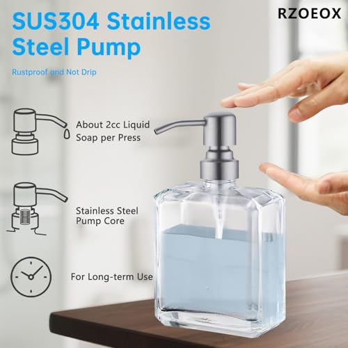 Clear Glass Soap Dispenser with Brushed Nickel Pump, 13.5 OZ Liquid Soap Dispenser Square with Stainless Steel Pump for Dish Hand Soap Bathroom Kitchen Vanity Countertop - color: Brushed Nickel, size: 13.5 oz