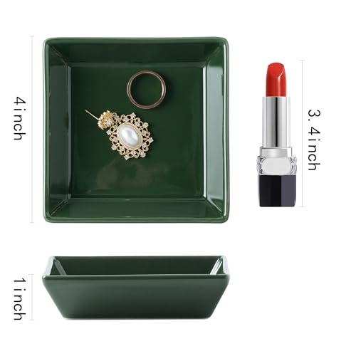 Ceramic Trinket Dish, Small Jewelry Ring Tray, Dark Green | Glazed ceramic jewelry tray. Stores rings, earrings, necklaces, bracelets. Easy to clean. Perfect for vanity and entryway. - color: Dark Green Surface