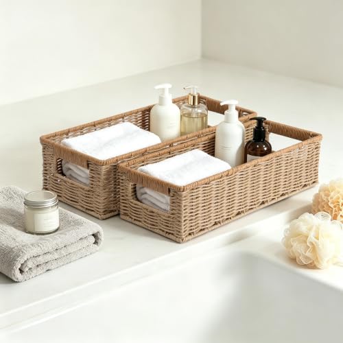 Waterproof Rectangular Toilet Paper Baskets, 16 ¼"L x 6 ¾"W x 4 ½"H Nesting Plastic Wicker Basket, Woven Long Narrow Baskets for Pantry Bathroom Toilet Tank Top Countertop, 2 Pack