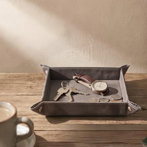 Valet Tray Desktop Storage Organizer – Vegan Leather Catchall Bedside Vanity Tray Nightstand Caddy Holder for Remote Controller, Watch, Keys, Phone, Wallet, Coin, Jewelry, Stone Gray Brown - color: Stone Gray Brown