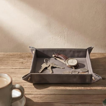 Valet Tray Desktop Storage Organizer – Vegan Leather Catchall Bedside Vanity Tray Nightstand Caddy Holder for Remote Controller, Watch, Keys, Phone, Wallet, Coin, Jewelry, Stone Gray Brown - color: Stone Gray Brown