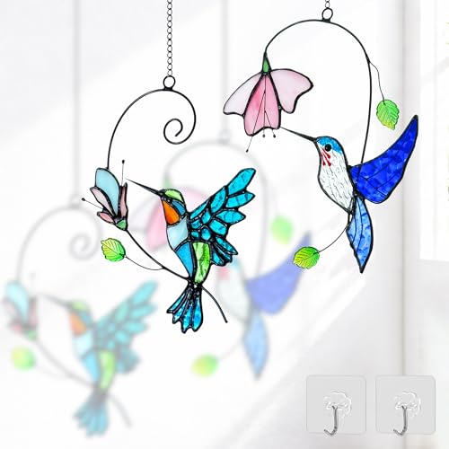 2 Packs Hummingbird Stained Glass Window,Stained Glass Window Hanging,Hummingbird Ornament,Handmade Real Suncatchers Decor for Women Mom Grandma Bird Lovers - color: Pink Bird