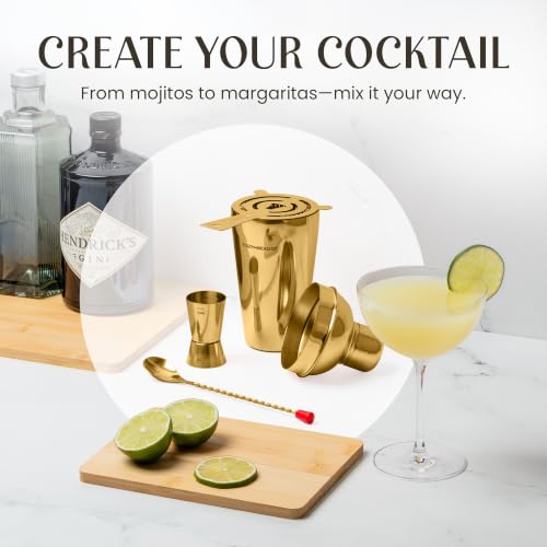 Cocktail Shaker Set - Bartender Kit with Pine Stand | Leak-Proof Design | Includes Martini Shaker, Jigger, Strainer, Spoon, Tongs | Perfect Bar Tools Gift for Home Mixology (Gold) - color: Gold / Light Stand, size: 8 Pieces