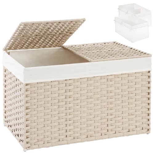 SETVSON Storage Basket with Lid 160L Wicker Baskets Storage Light Khaki | Divided Clothes Organizer,42.3 Gallon Dual Lid Jumbo Blanket Storage Trunk, 2 Washable Liner Bags, Collapsible PE Rattan Bin - color: Light Khaki, size: 160L-29.9L*17.3W*18.1H