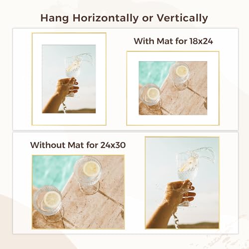 RICHFOCUS 24x30 Poster Frame Gold|24 x 30 Large Picture Frame Matted to 18x24 Photo|Metal Aluminum 30x24 Art Frame for Wall with Tempered Glass Wall Hooks Included, Set of 1 - color: Gold, size: 24x30-1P-Tempered Glass