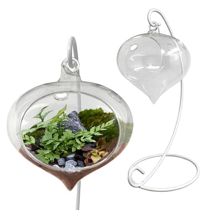 Glass Terrarium with White Metal 9" Stand – Hanging Air Plant Holder, Succulent Planter, Desktop Geometric Terrarium Decor for Home, Office, or Gift