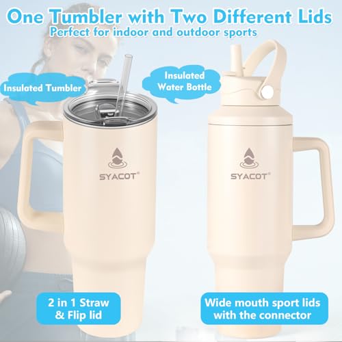 40 oz Tumbler with Handle and Straw or Convert to 40 oz Insulated Water Bottle Fits in Cup Holder. Stainless Steel Metal Water Flask with 2 Lids for Travel,Camping,Gym Sports Coffee Mug Thermal Cup - color: Cream