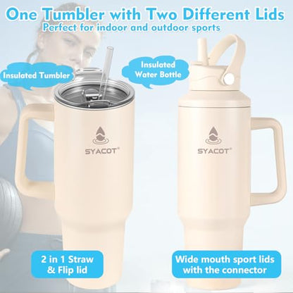 40 oz Tumbler with Handle and Straw or Convert to 40 oz Insulated Water Bottle Fits in Cup Holder. Stainless Steel Metal Water Flask with 2 Lids for Travel,Camping,Gym Sports Coffee Mug Thermal Cup - color: Cream