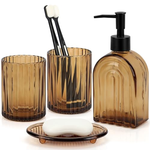 Bathroom Accessories Set, 4Pcs Glass Bathroom Accessories Sets Complete Lotion Soap Dispenser, Toothbrush Holder, Mouthwash Cup, Soap Dish for Bathroom Decor, Countertop Organizer (Amber B) - color: Amber Thick Rainbow