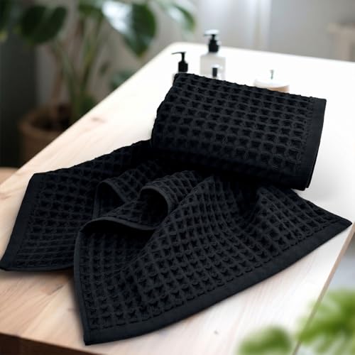 Jacquotha Black Waffle Cotton Hand Towels Set of 2 – Quick Dry, Low Lint | Towels for Bathroom, Kitchen & Daily Life, 13" x 29" - color: Black