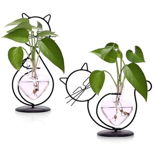 Plant Terrarium Propagation Station Gifts for Women Cat Lover | Plant Lovers Home Office Decor Cat Desk Accessories - color: Pink