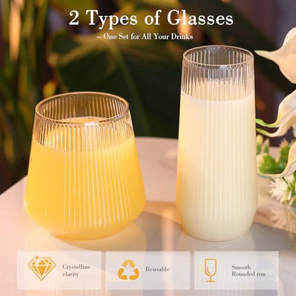48 Pack Plastic Glasses – 24 x 9oz Stemless Champagne Flutes & 24 x 12oz Stemless Wine Glasses – Elegant Disposable Shatterproof Cup – BPA-Free Drinkware for Weddings, Parties (Clear Ribbed) - color: Clear Ribbed